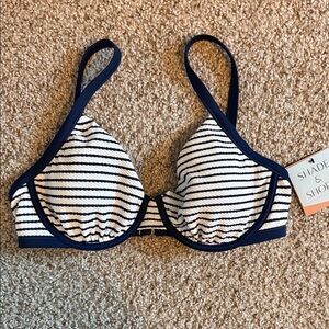 NWT Shade & Shore Navy and White Striped Bikini Top 34D